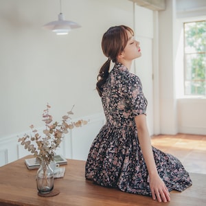 Black & Pink Floral Dress | Modern Hanbok dress | Korean Handmade dress | Short, Mini dress | Picnic,  Occasion clothing for women | MO.3