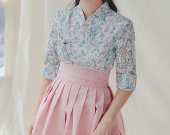 Blue Flower pattern Modern Hanbok | Korean Handmade jeogori | Casual party Clothing for women | women hanbok | Pink Wrap Skirt | J.20