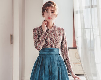 Blue green Modern Hanbok Skirt | Korean Handmade Hanbok | Classy skirt for women clothing | One Free size | Women Hanbok wrap skirt | WS.18