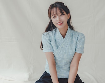 Blue Modern Hanbok Jeogori | Handmade Korea Hanbok | Casual, Wedding clothing for women | women hanbok | daily hanbok | Navy pants | J.19