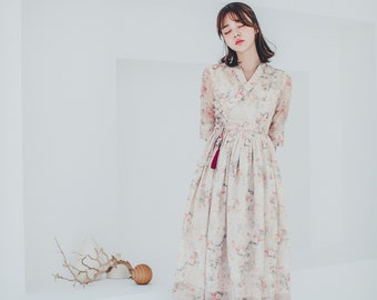 Beige Floral Woman Dress | Modern Hanbok dress | Korean modern hanbok | Daily Casual dress for Party, Occasion | Green wrap skirt | SO.1