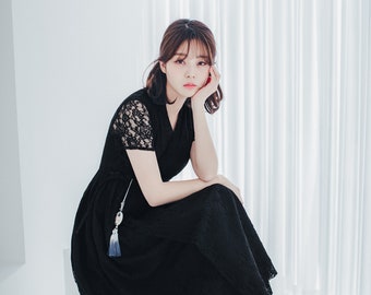 Hanbok Women Dress, Korean Modern Hanbok Wrap Style Short Sleeve Dress,  Korea Modernized Daily Casual Party Hanbok Dress Black Color