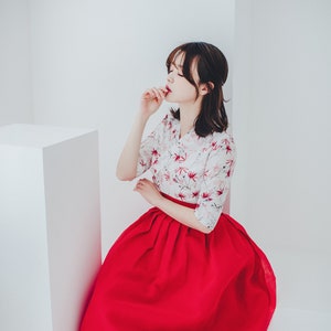 White Flower pattern Dress | Modern Hanbok dress | Korean Hanbok | Classy occasion clothing for women | Handmade | Red Wrap Skirt | SO.5