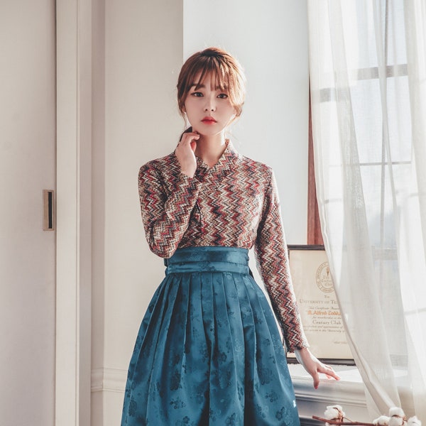 Jupe Hanbok moderne bleu vert | Hanbok coréen fait à la main | Jupe chic pour vêtements pour femmes | Taille unique | Jupe portefeuille Hanbok femme | WS.18