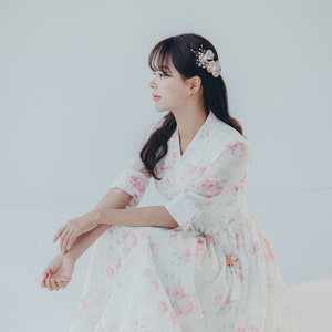 White Floral Modern Dress | Korean Modern Hanbok | Handmade Hanbok | Picnic, Wedding Ocassion clothing for women | Pink Wrap Skirt | SO.14