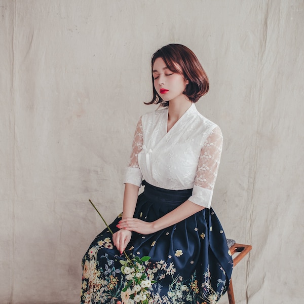 White Floral Modern Hanbok | Handmade Korea Daily Hanbok | see-through sleeve | elegance women top | wedding blouse | Navy wrap Skirt | J.3