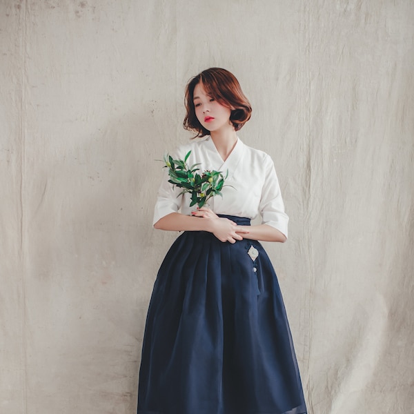 White Modern Hanbok Jeogori | Handmade Korean Hanbok | Classy dress for women | Unique Asian fashion | Navy Wrap Skirt | J.5_1