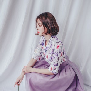 White & Purple Floral Modern Hanbok dress | Korea Handmade Hanbok | women hanbok jeogori | wedding clothing | Purple Wrap Skirt | J.6