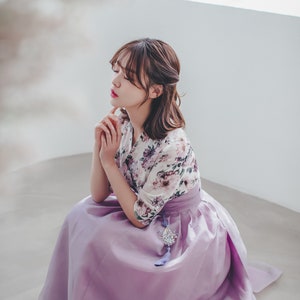 Purple & White Floral Dress | Modern Hanbok Dress | Korea Handmade Hanbok | Classy dress for women | Purple Wrap Skirt | Norigae | SO.3