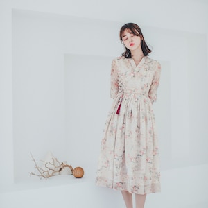 Beige Floral Woman Dress | Modern Hanbok dress | Korean modern hanbok | Daily Casual dress for Party, Occasion | Green wrap skirt | SO.1