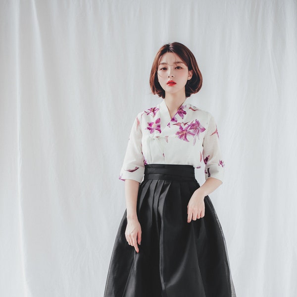 White Modern Hanbok Jeogori | Purple flower pattern | Handmade dress | Classy occasion clothing for women | Black Wrap Skirt | J.9