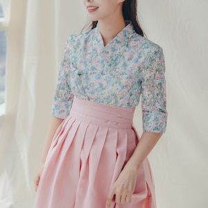 Blue Flower pattern Modern Hanbok Korean Handmade jeogori Casual party Clothing for women women hanbok Pink Wrap Skirt J.20 image 1