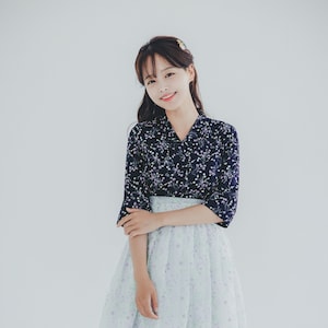 Navy Floral pattern Dress | Modern Hanbok dress | Korean Handmade Hanbok | Casual, Daily clothing for women | Korean woman hanbok | SO.15