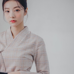Beige Check Modern Hanbok Jeogori | Handmade Korean Dress | Occasion clothing for women | J.43