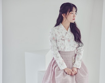 White Floral Modern Hanbok Jeogori Skirt | Korean Hanbok | Daily women hanbok | wedding, occasion | Pink Wrap Skirt | Norigae | J.11