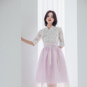 White & Purple Modern Hanbok Jeogori | Handmade Korean Hanbok  | Modern hanbok Dress | lace fabric | women hanbok | Pink wrap Skirt | J.21