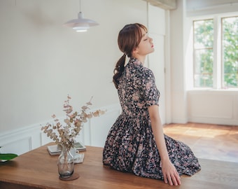 Black & Pink Floral Dress | Modern Hanbok dress | Korean Handmade dress | Short, Mini dress | Picnic,  Occasion clothing for women | MO.3