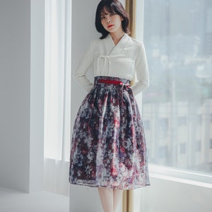 White  Modern Hanbok Jeogori | Handmade Korean Hanbok  | Modern hanbok Dress  | women hanbok | Floral wrap Skirt | J.30