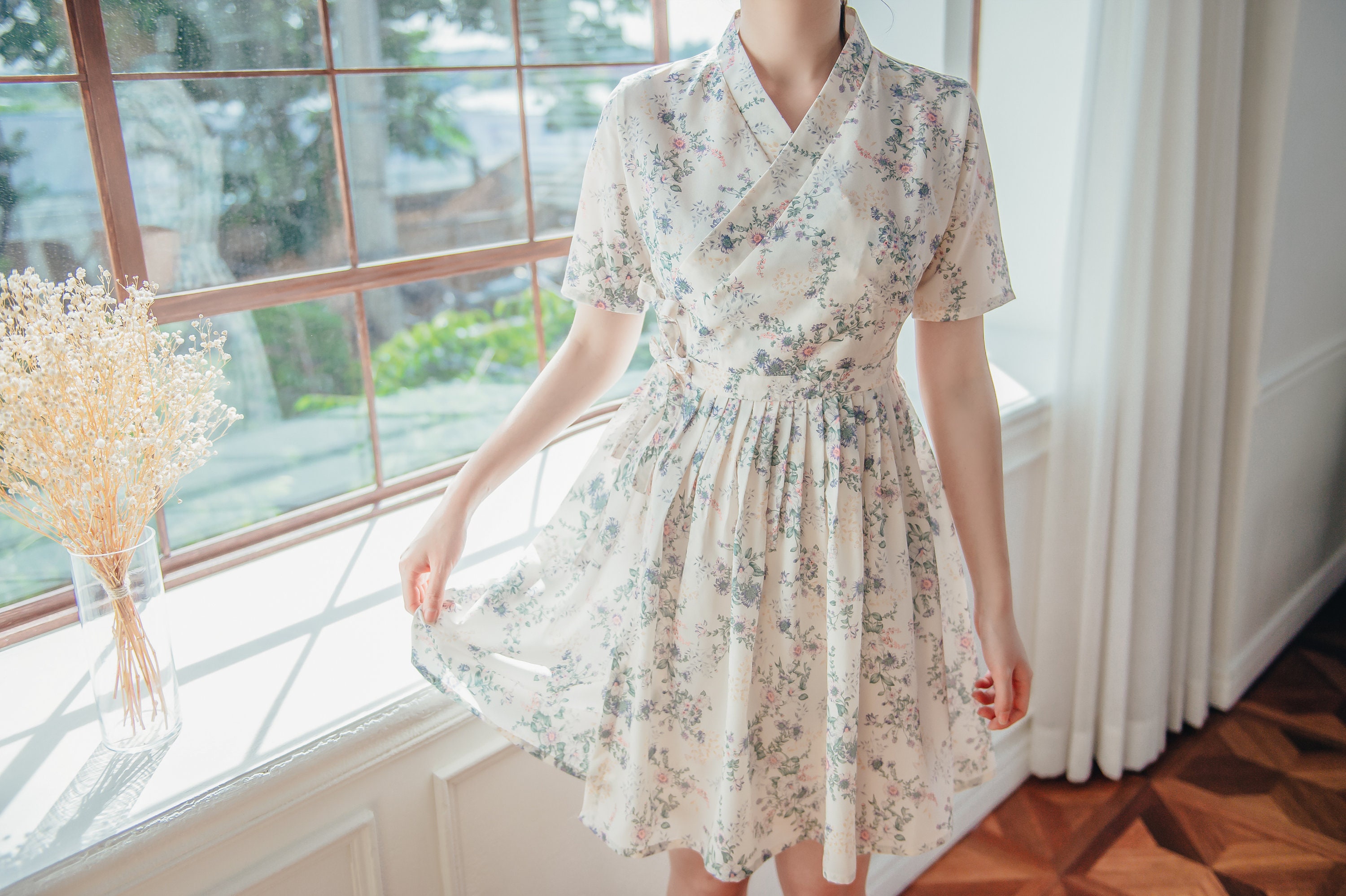 Ivory Floral Modern Dress | Korean Hanbok Dress | Short, Mini Dress | Wedding, Picnic Dress | Modern Hanbok Clothing for Women | MO.6 Ivory Floral Modern Dress | Korean Hanbok Dress | Short, Mini Dress | Wedding, Picnic Dress | Modern Hanbok Clothing for Women | MO.6