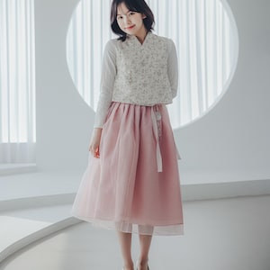 White vest with pink flower patterns | Modern Hanbok Vest | Korean Handmade Traditional Vest| Occasion clothing for women | V.3
