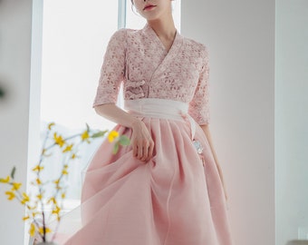 Dream Pink Floral Woman Dress Modern Hanbok Dress Korean