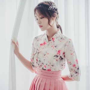 White Floral Blouse | Korean Handmade Modern Hanbok | women clothing for occasion | Picnic, Wedding | adorable | Pink Wrap Skirt | B.4