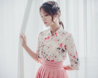 White Floral Blouse | Korean Handmade Modern Hanbok | women clothing for occasion | Picnic, Wedding | adorable | Pink Wrap Skirt | B.4