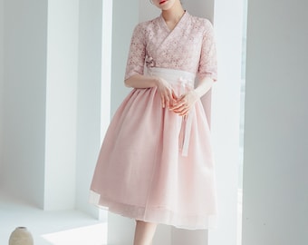 Dream Pink Floral Woman dress | Modern Hanbok Dress | Korean Handmade Dress | See-through sleeves | Wedding occasion dress for women | SO.25