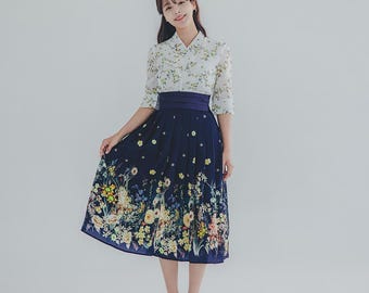 White & Navy Floral Modern Hanbok | Handmade hanbok jeogori | Wedding, picnic dress | Korean traditional costume | Navy Wrap Skirt | J.45