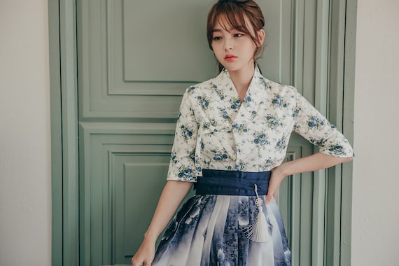 Blue & White Modern Hanbok | Korean Handmade Hanbok | Women Hanbok Dress | Wedding, Picnic Women Top | Blue Floral Skirt | J.8_1 Blue & White Modern Hanbok | Korean Handmade Hanbok | Women Hanbok Dress | Wedding, Picnic Women Top | Blue Floral Skirt | J.8_1