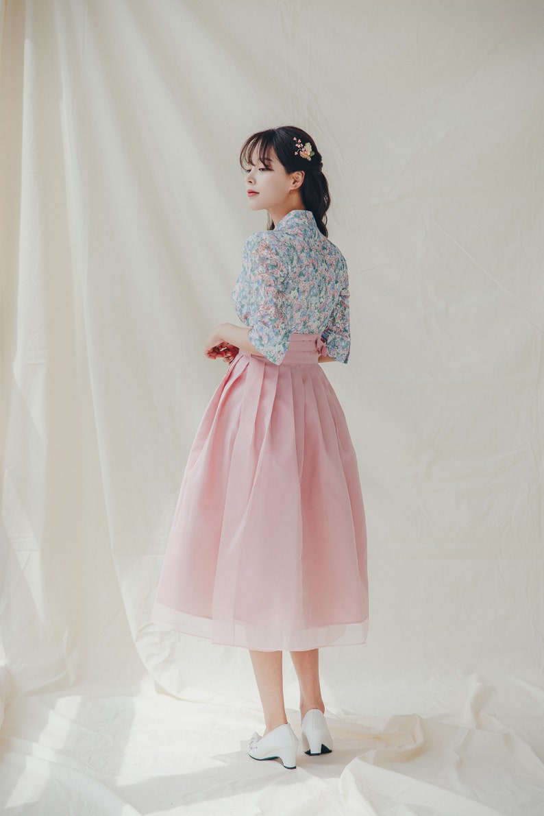 Blue Flower pattern Modern Hanbok Korean Handmade jeogori Casual party Clothing for women women hanbok Pink Wrap Skirt J.20 image 3