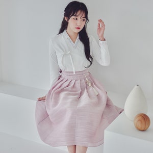 White Modern Hanbok | Korean Handmade Hanbok | wedding, occasion jeogori | Classy clothing for women | Pink wrap Skirt | Norigae | J.12