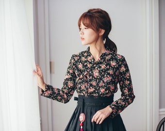 Black Floral Modern Hanbok Jeogori | Korean Traditional costume | Black Flower Pattern Dress | Black wrap Skirt | Norigae | J.15_1