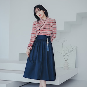 Red Modern Hanbok Jeogori | Handmade Korean Hanbok  | Modern hanbok Dress | women hanbok | Navy wrap Skirt | J.29