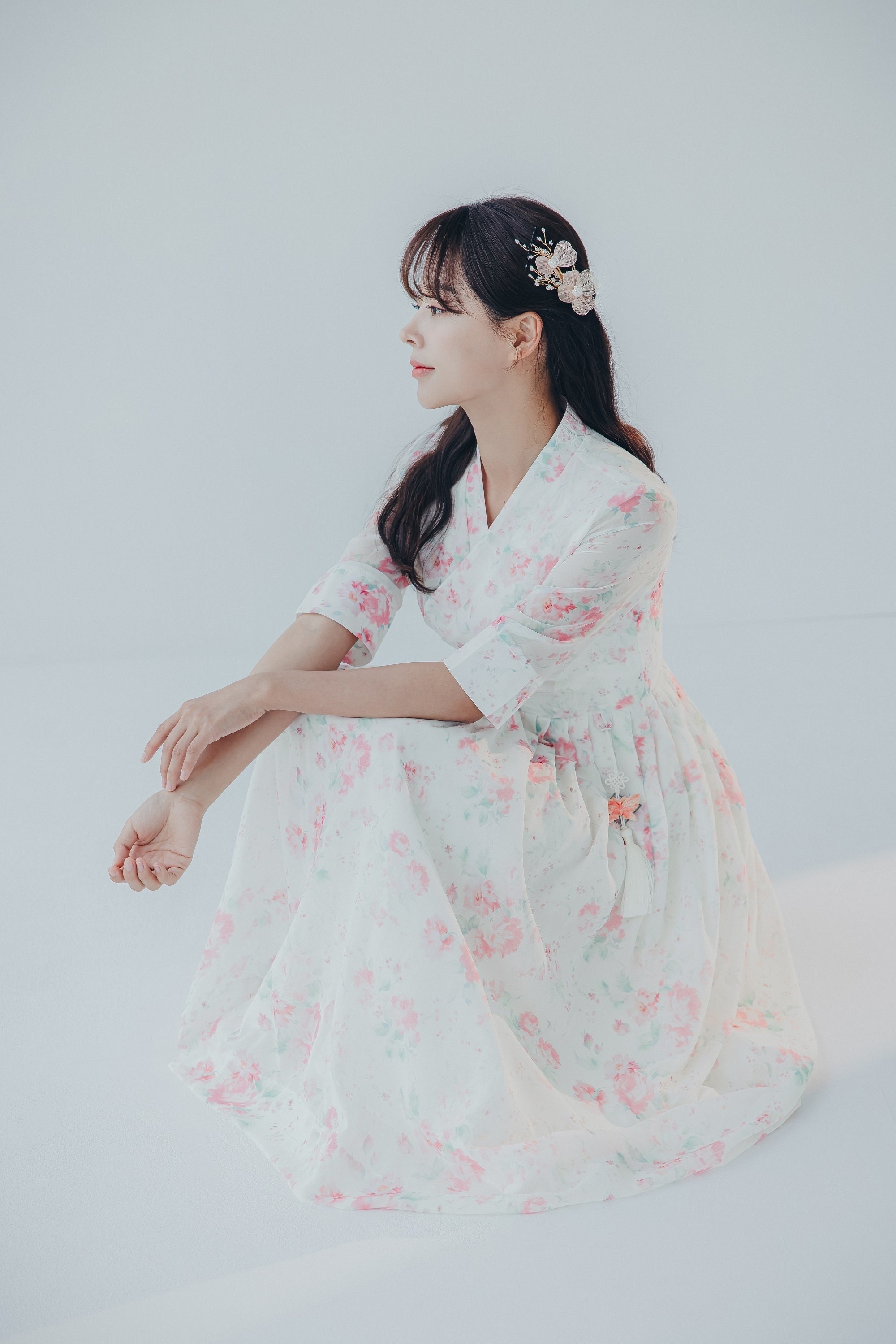 White Floral Modern Dress | Korean Modern Hanbok | Handmade Hanbok | Picnic, Wedding Ocassion clothing for women | Pink Wrap Skirt | SO.14