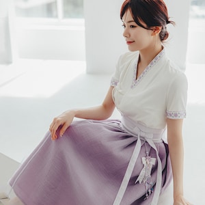 White  Modern Hanbok Jeogori | Handmade Korean Hanbok  | Modern hanbok Dress  | women hanbok | Purple wrap Skirt | J.36
