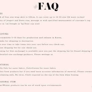 May include: FAQ section with information about sizing, shipping, materials, and seasonal items.  The text includes information about the width of a wrap skirt, shipping times, and the types of fabric used in the products.