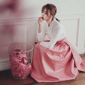 White & Pink Classy Modern Hanbok | Handmade Korea Daily Hanbok | White Elegance Jeogori | women hanbok | Pink Roses wrap Skirt | J.2_3