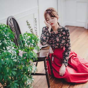 Black Floral Hanbok Jeogori | Korean Traditional Hanbok | Elegant women Dress | handmade hanbok | picnic, wedding | Red Linen Skirt | J.15_2