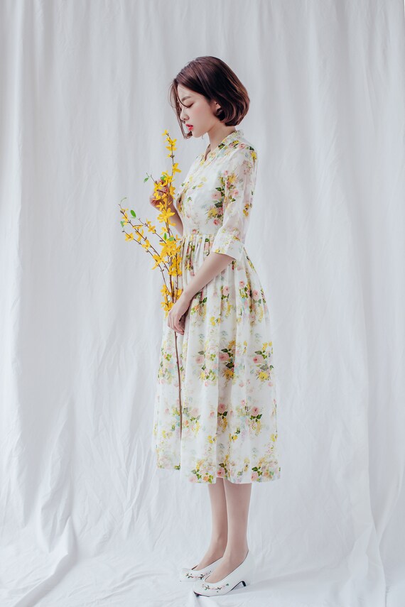 White & Yellow Flower Pattern Dress | Modern Hanbok Dress