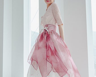 Pink Floral Modern Hanbok | Handmade hanbok jeogori | Wedding, picnic dress | Korean traditional costume | Pink&White Wrap Skirt | J.41_1