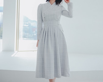 White and Sky blue tweed Dress | Modern Hanbok Dress | Casual dress for women | Occasion dress | Two pieces dress | TW.2