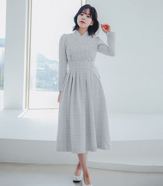 White and Sky blue tweed dress | Modern Hanbok dress | Casual dress for women | Occasion dress | Two pieces dress | TW.2