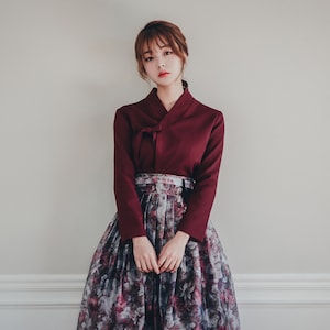 Wine Modern Hanbok Jeogori | Handmade Korea Hanbok | women hanbok | wedding, occasion clothing | elegant blouse | Flower Norigae | J.4
