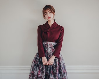 Wine Modern Hanbok Jeogori | Handmade Korea Hanbok | women hanbok | wedding, occasion clothing | elegant blouse | Flower Norigae | J.4