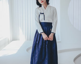 White Modern Hanbok Jeogori | Handmade Korea Daily Hanbok | Handmade dress | Wedding, Picnic dress | Navy wrap Skirt | J.25