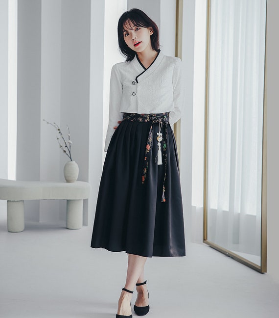 White Modern Hanbok Jeogori | Handmade Korean Hanbok | Modern Hanbok Dress | women Hanbok | Black wrap Skirt | J.32