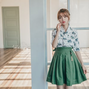Blue & White Floral Modern Hanbok | Korean Handmade jeogori | picnic, wedding jeogori for women | women hanbok | Green Mini Skirt | J.8_2