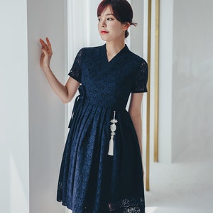 Navy Floral  Lace Dress | Modern Hanbok dress | Korean Handmade dress | Short, Mini dress | Picnic,  Occasion clothing for women | MO.8