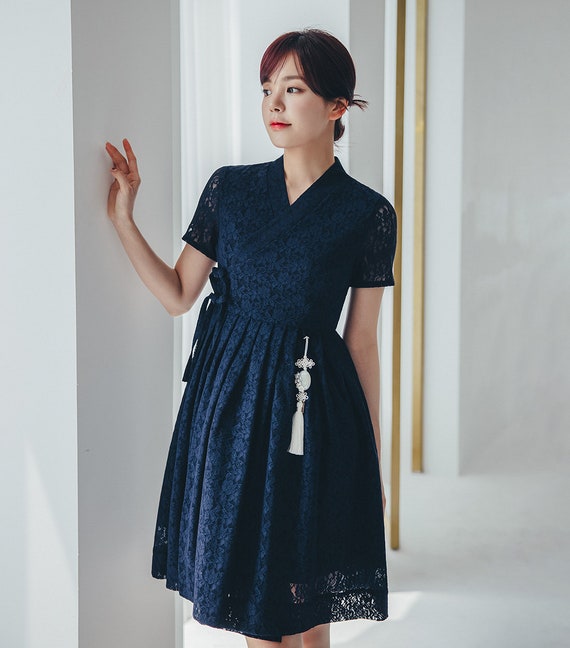 Navy Floral Lace dress | Modern Hanbok dress | Korean Handmade dress | Short, Mini dress | Picnic, Occasion clothing for women | MO.8